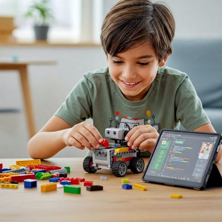 A boy building Lego based robot